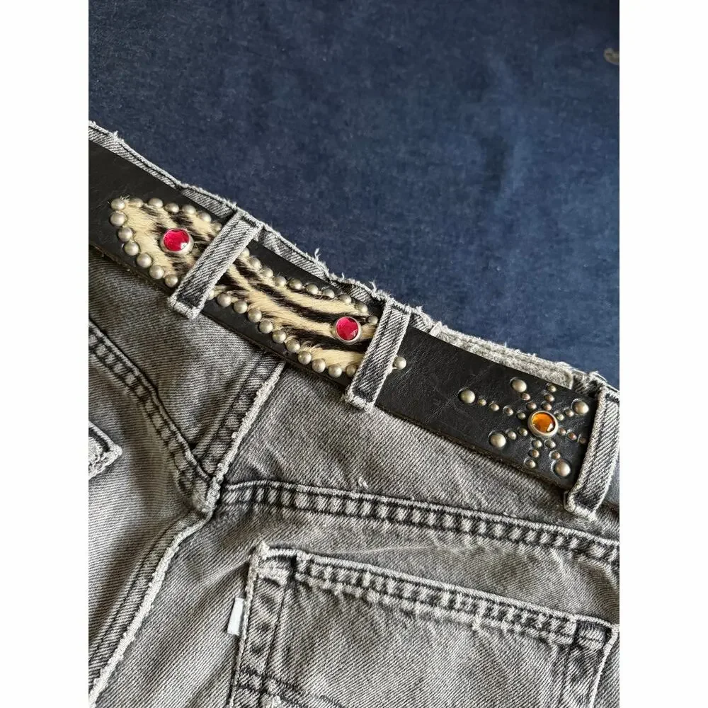 Vintage Western Black Studded Leather Belt Calf Hair Inlay Size 36